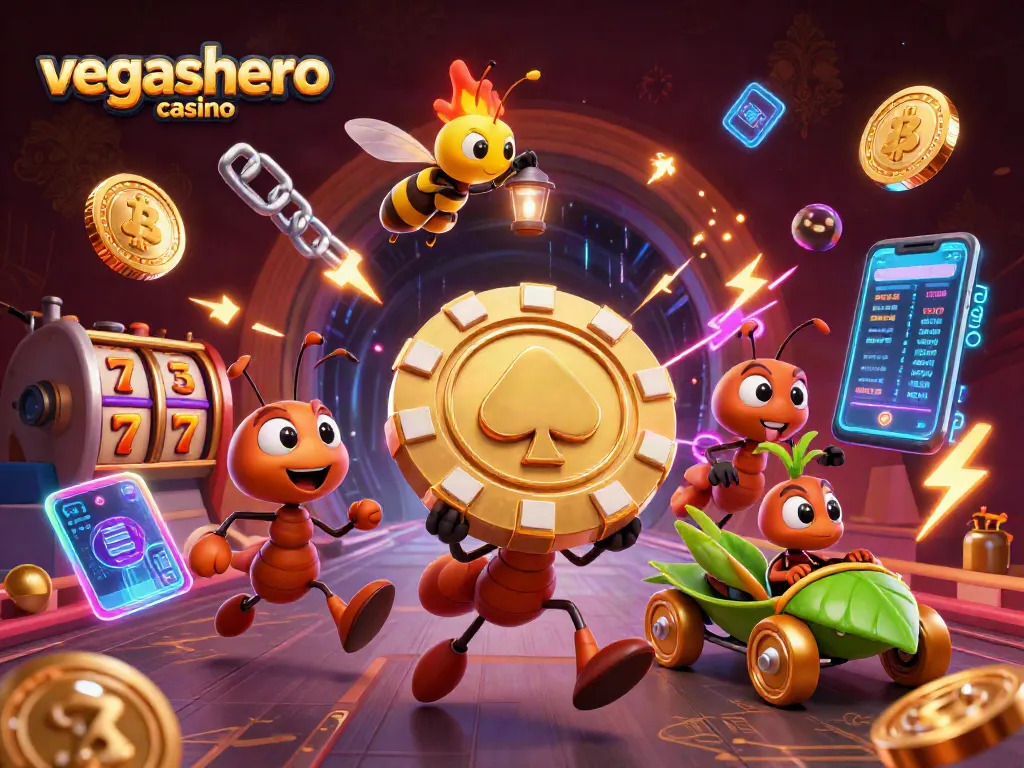 Experience the thrill at vegashero casino with a dynamic heist scene featuring ants and crypto elements.