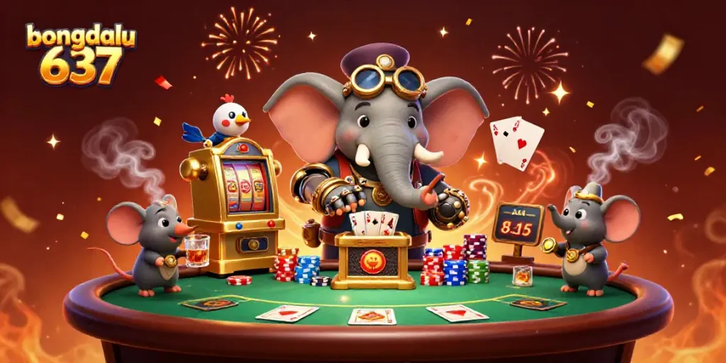 Spin the reels with Bongdalu 637, showcasing a lively steampunk elephant at a colorful gambling scene.