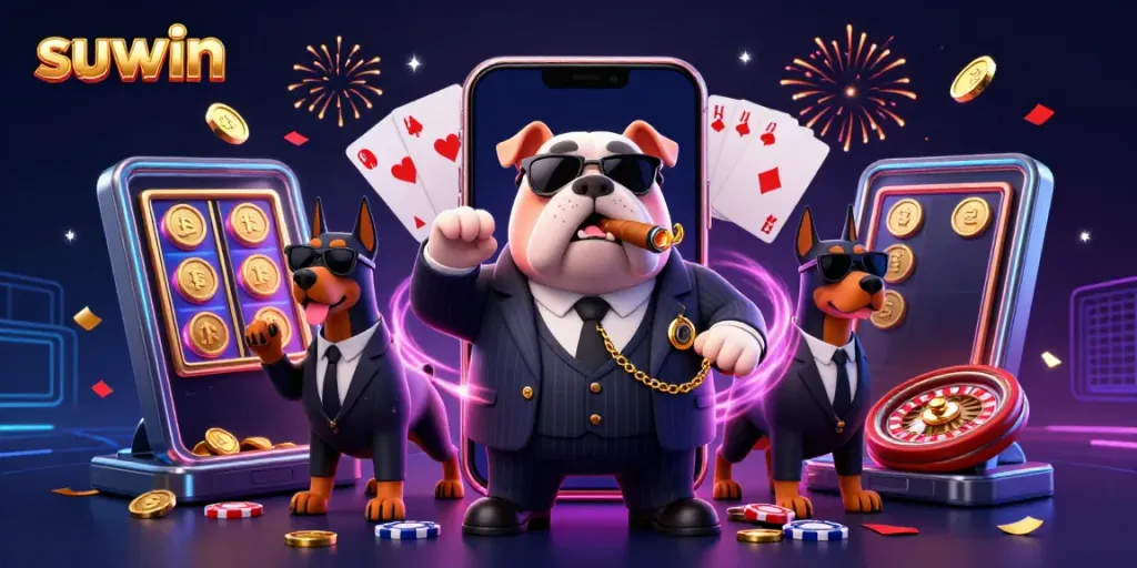 Explore suwin's vibrant gaming scene with a mafia boss bulldog and action-packed casino elements!