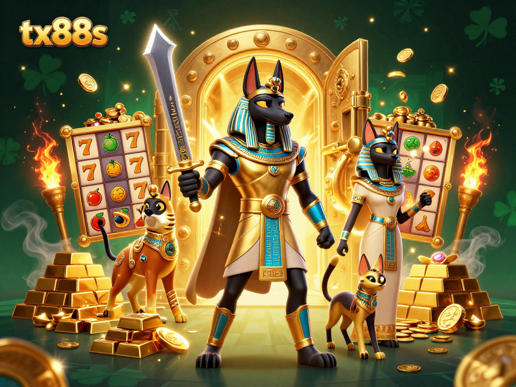 Spin the reels with tx88s in an ultra-detailed ancient Egyptian casino scene filled with treasures!