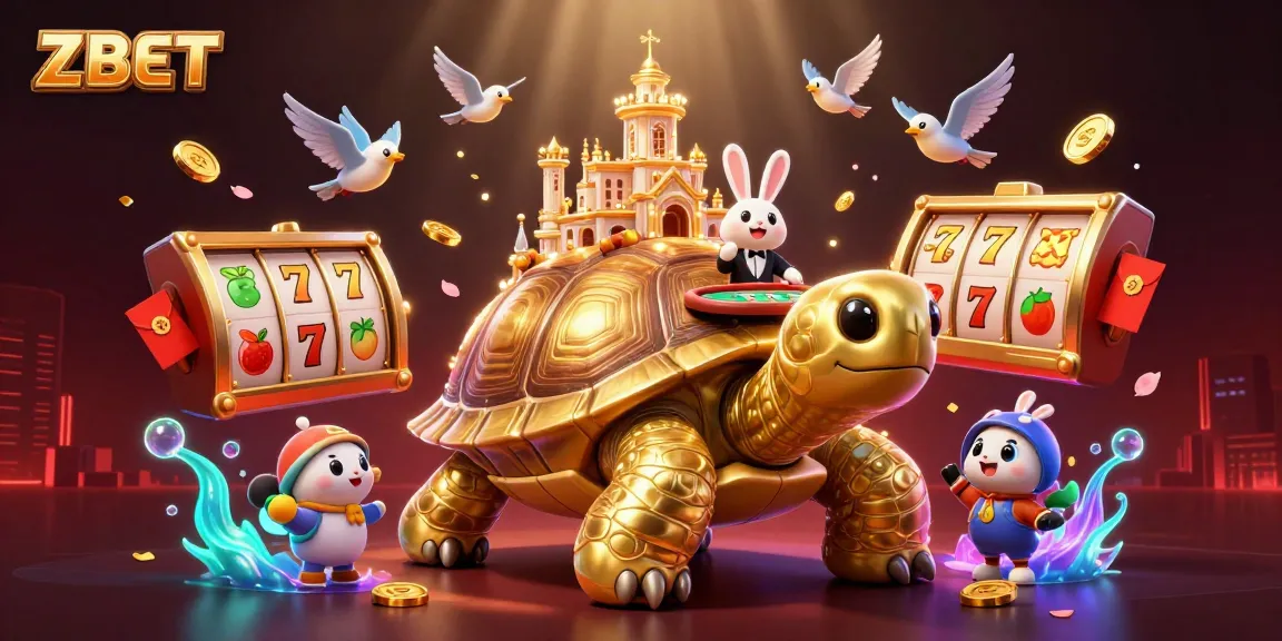 ZBET showcases an exciting casino experience with a golden tortoise casino and dynamic gaming elements.