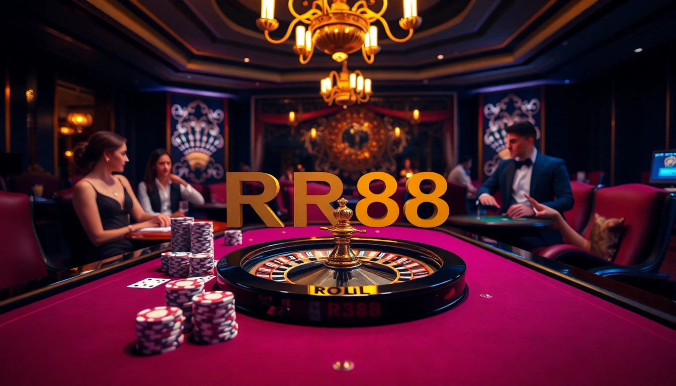 Play exciting casino games at RR88 with vibrant poker chips and roulette wheels.