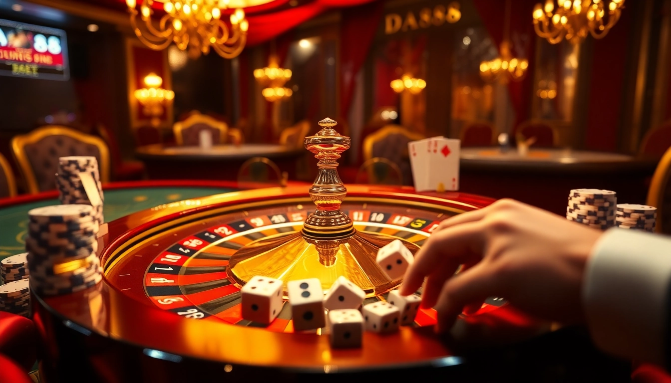 Experience the thrill of DA88 at a luxurious casino table with vibrant chips and a roulette wheel.