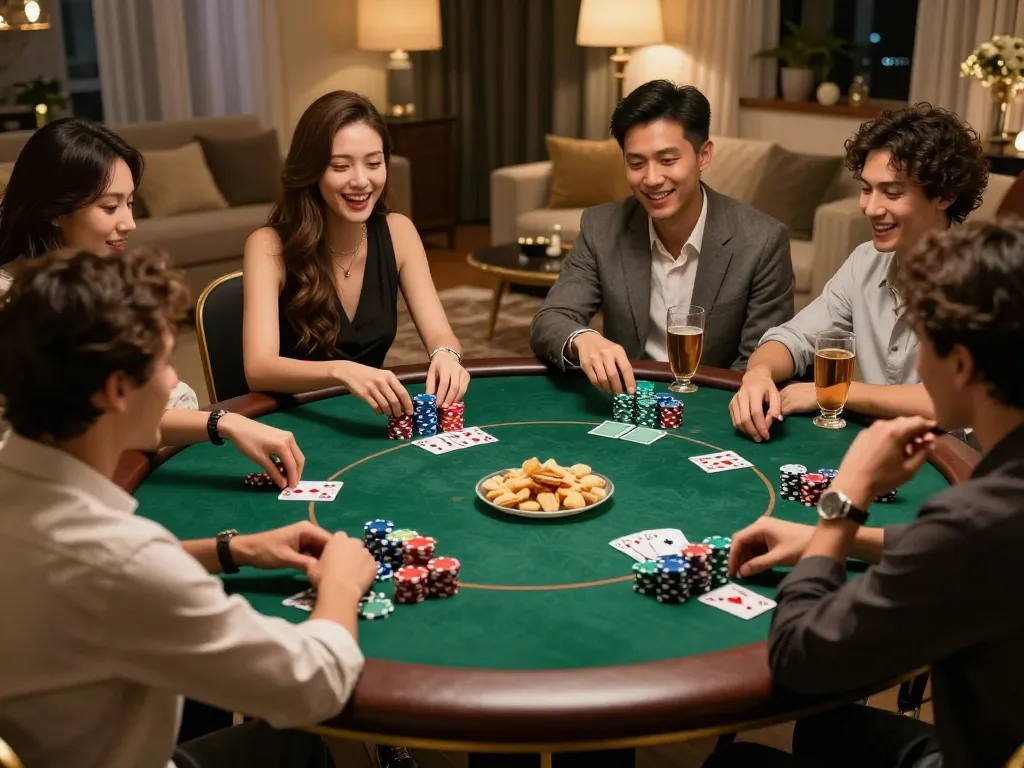 Friends enjoying a poker game night at home, showcasing strategic gameplay with 9BET.