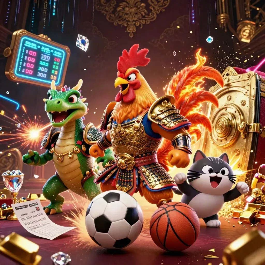 Rooster, drakenjong en gelukskat bij goud, ballen en neonexplosies.