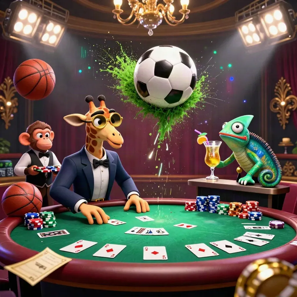 Giraffe, aap en kameleon bij pokertafel met zwevende sportballen en chips.