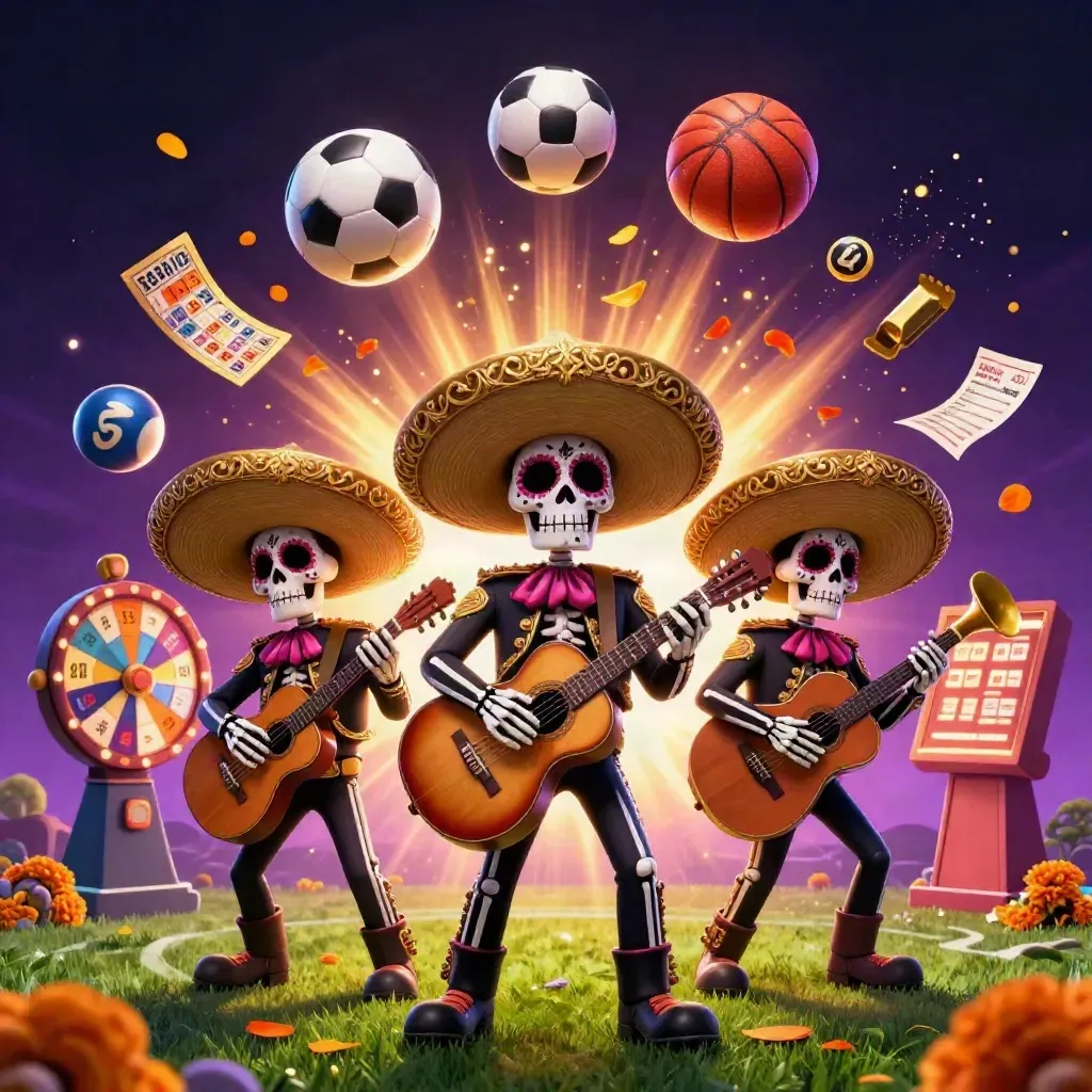 Skeleton-mariachi’s met sportballen, muntjes en een draaiend prijzenwiel in neon casino-stijl.