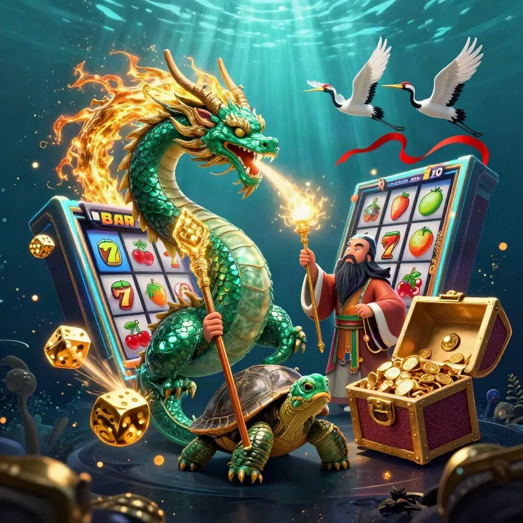 Draken, schildpad en kraanvogels met slotmachine, goud en vuur onder water