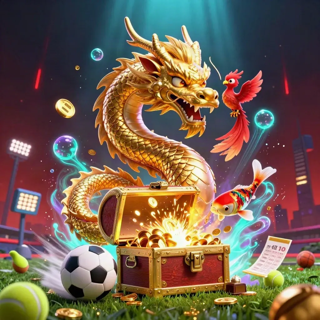 Gouden draak, rode feniks en koi met sportballen, goud en licht in een casino-sfeer.