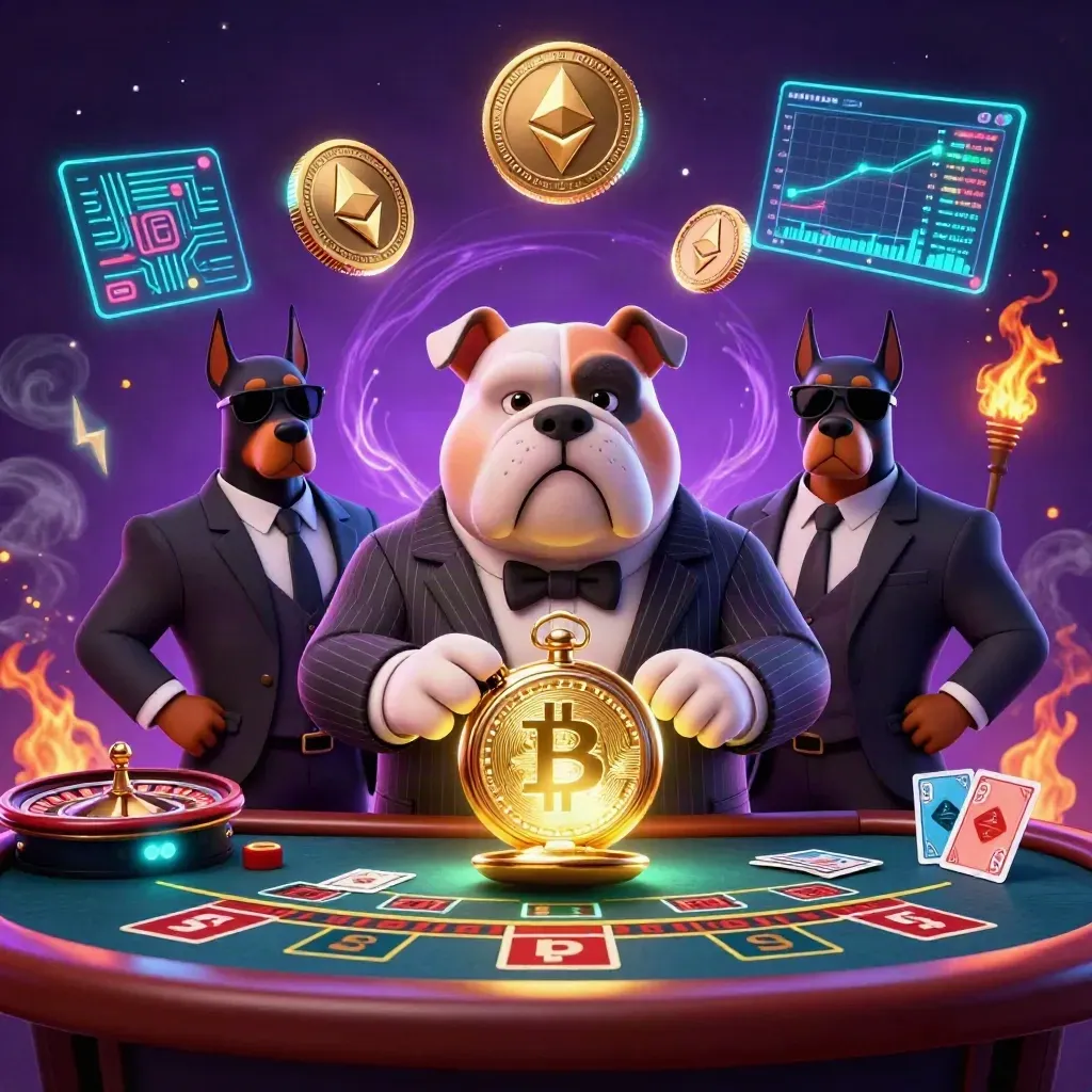 Bulldog-maffiabaas met twee Dobermans bij een neon casino tafel