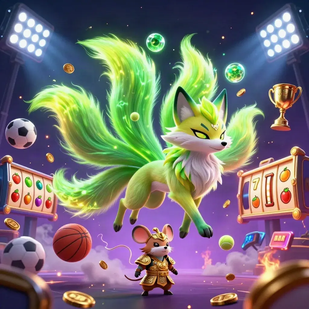 Neon groene vossengeest met negen staarten en een samurai-muis, omringd door sportballen en casino-effecten.