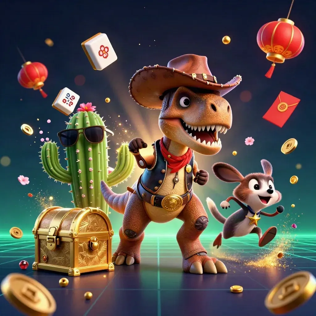 Cowboy T-Rex, cactus en roadrunner in gouden schatexplosie met neon groene casino-stijl
