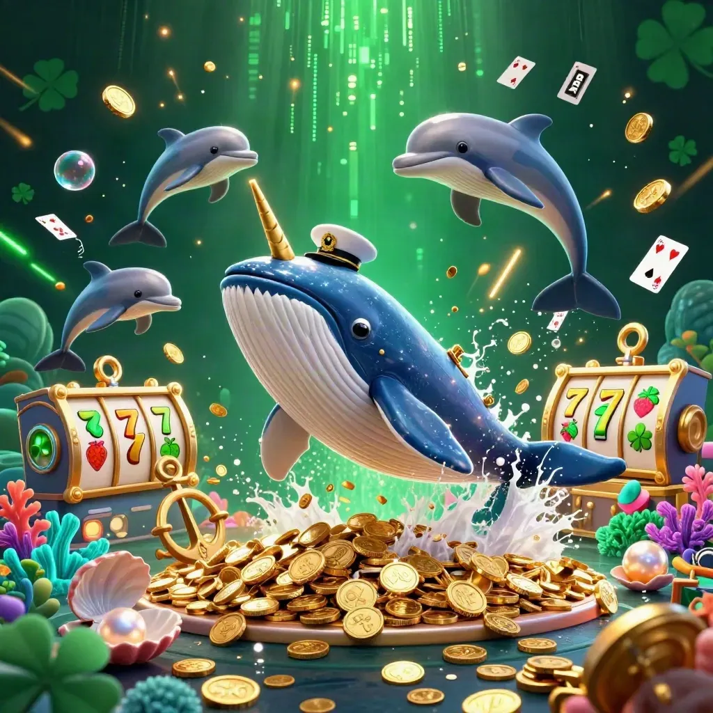 Whale-kapitein, narwal en dolfijnen in een schatrijke onderwatercasino-scène met neon groen licht.