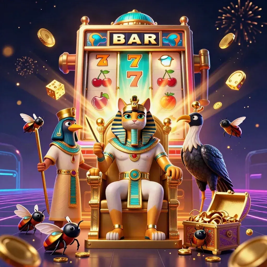 3D faraokat op gouden troon met ibis, scarabeeën, slotmachine, goud en vuurwerk