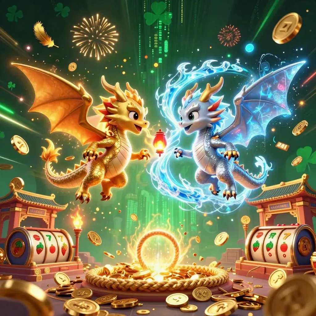 Twee gouden en zilveren draken met muntregen, vuur en ijs, in luxe casino-key art.