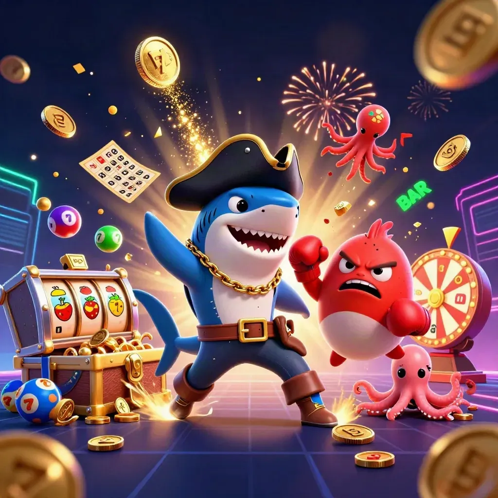 Piratenhaai, rode kogelvis en baby-octopus vieren met goud, jackpot en slotsymbolen.