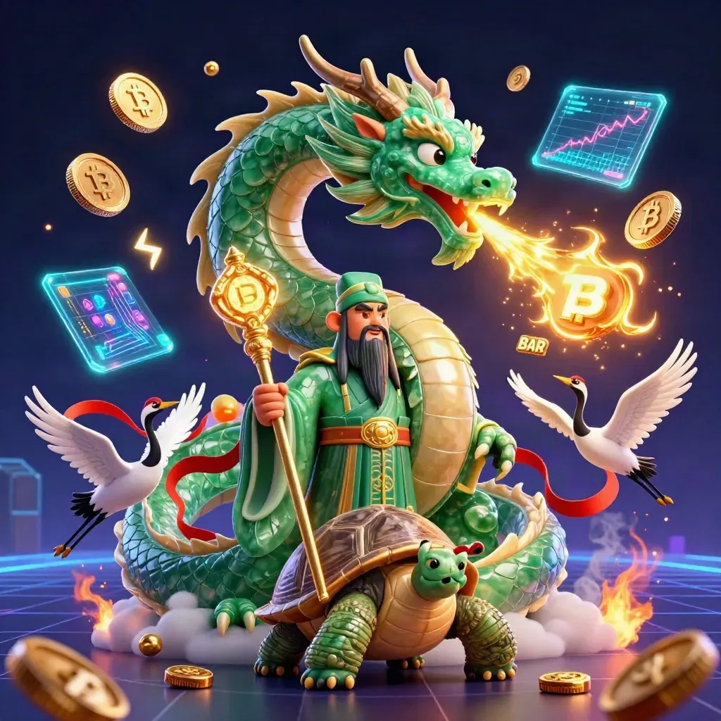 Groene draak, schildpad en kraanvogels met gouden vuur, crypto-munten en neon casino-effecten.
