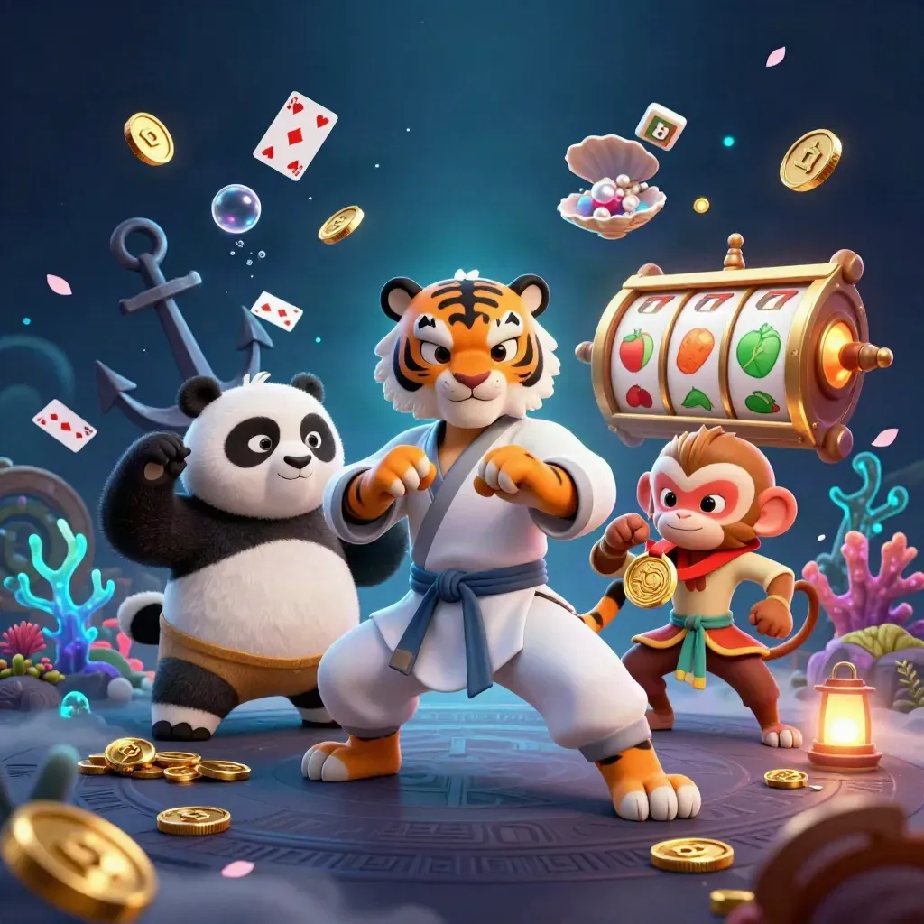Kungfu-tijger, panda en aap tussen munten, koraal en slotsymbolen in neon casino sfeer.