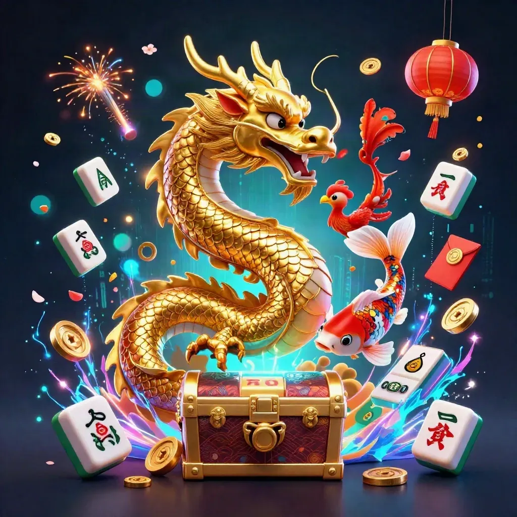Gouden draak met schatkist, feniks, koi en casino-symbolen in neon casino-stijl.