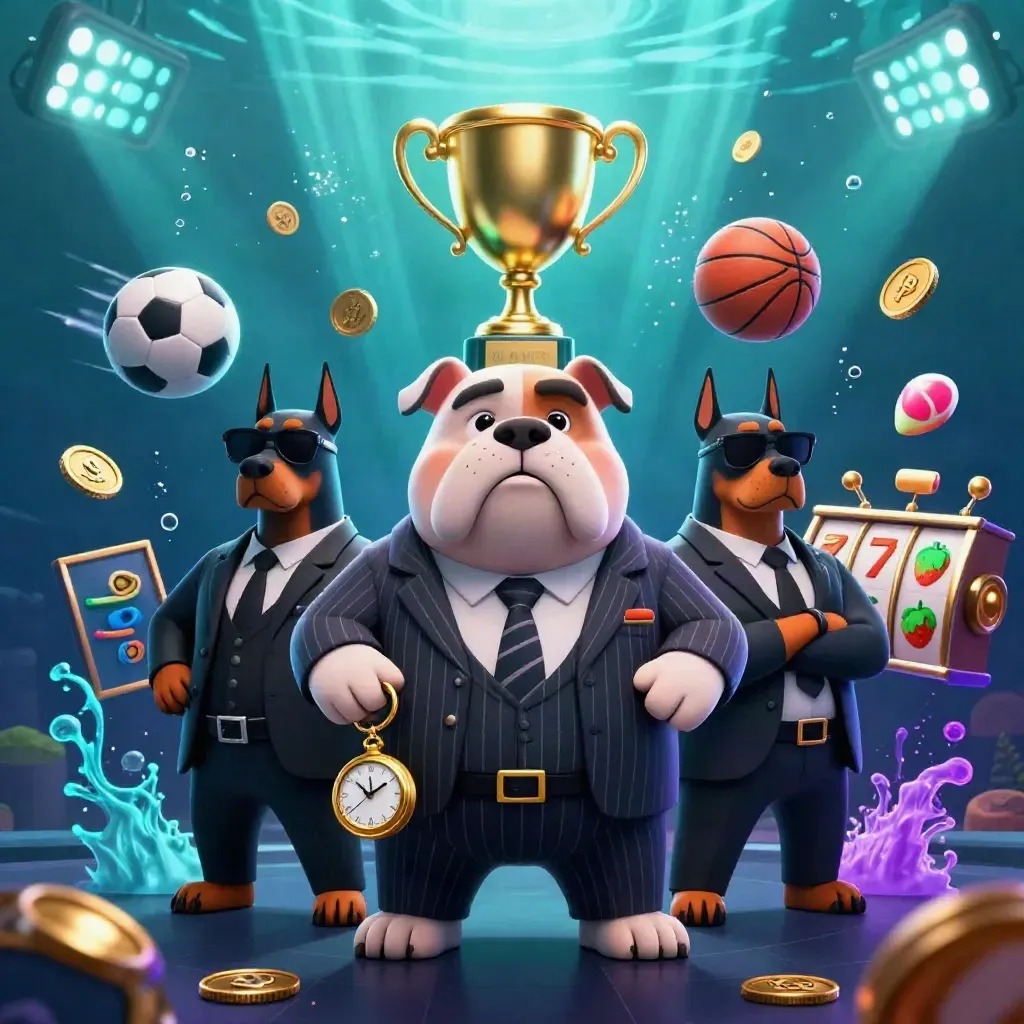 Maffiabulldog met bodyguards, sportballen en casino-glow onder waterneon.