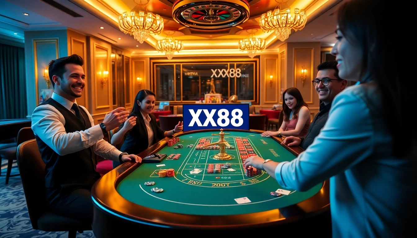 Experience the excitement of online gambling with a dynamic casino scene at https://xx88.me.uk, featuring players enjoying table games.