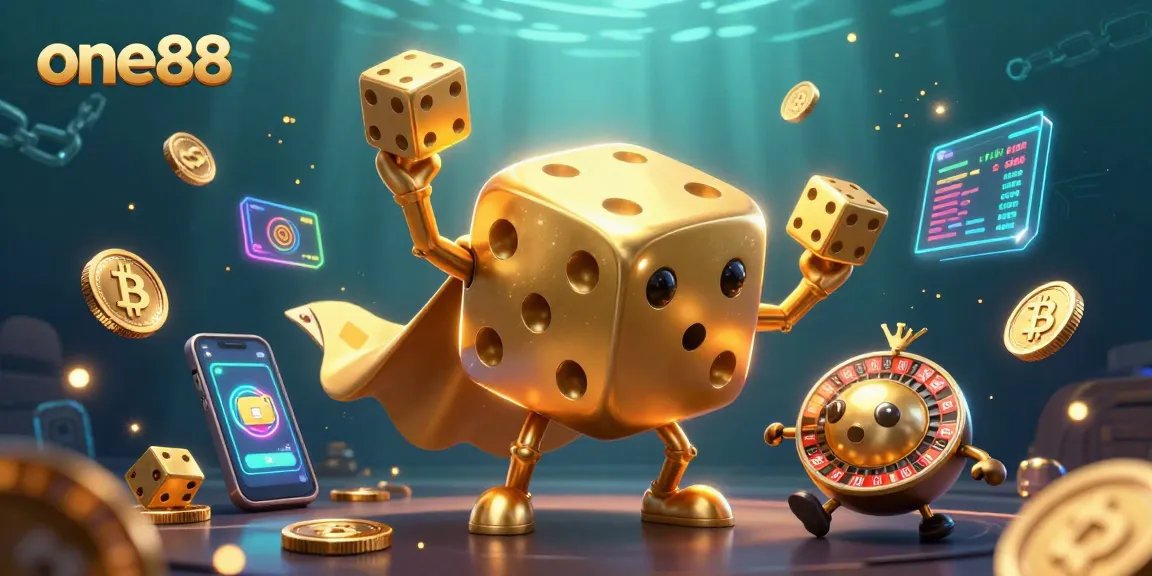 Engage with one88's vibrant 3D casino illustration featuring gleaming dice and crypto elements.