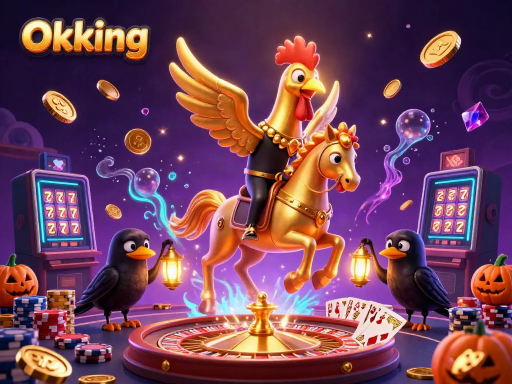 Experience the thrilling world of Okking with a lively casino scene featuring a golden rooster and companions amid wealth and excitement.