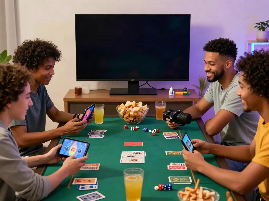 Friends enjoying casino games at home, featuring HITCLUB gaming excitement.