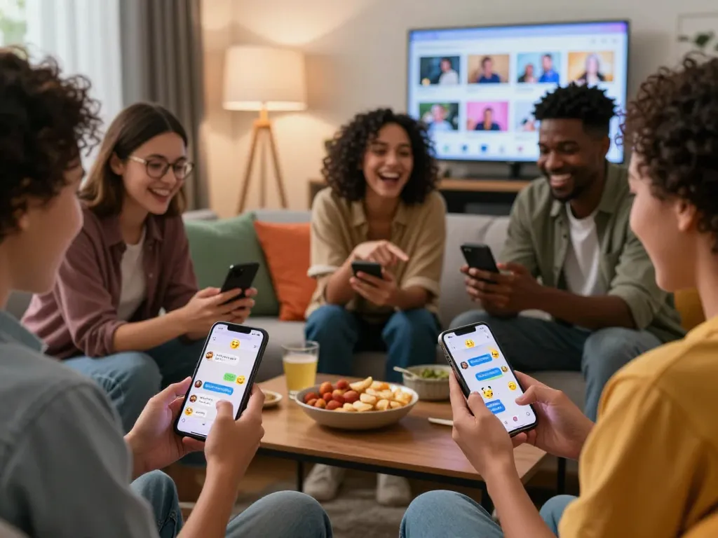 Friends enjoying spicy chat ai app on smartphones, laughing and sharing digital moments.