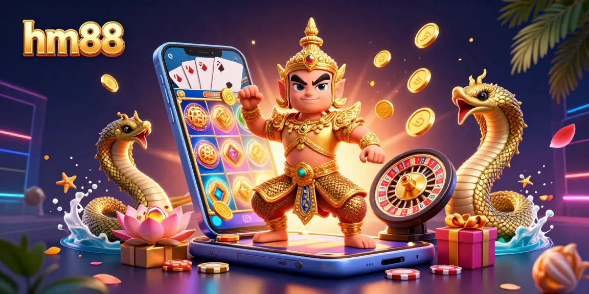 Experience thrilling wins at hm88 with this vibrant 3D casino illustration featuring characters and games.