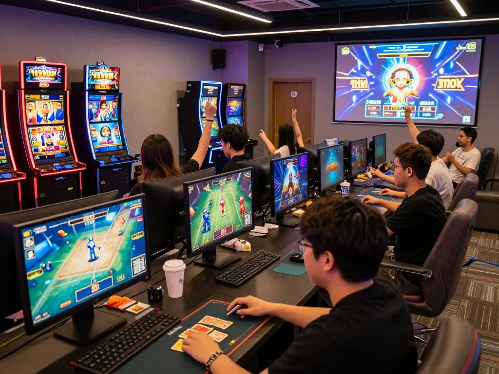 Exciting b52club gaming scene with players engaging in card games, vibrant atmosphere, and modern gaming lounge.