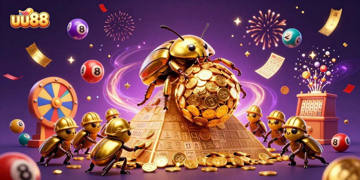uu88 spins the excitement of winnings with a vibrant 3D casino scene filled with lottery balls and golden treasures