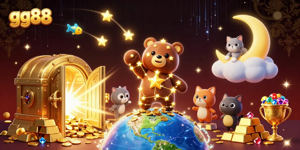Experience gg88's thrilling casino adventure with a golden star bear scooping coins amidst shimmering treasures.