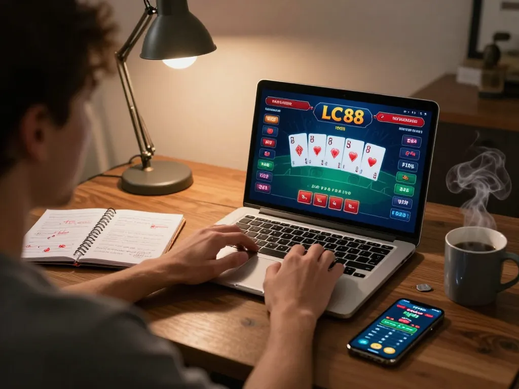 Gambler strategizing with LC 88 games on laptop, showcasing immersive online experience.