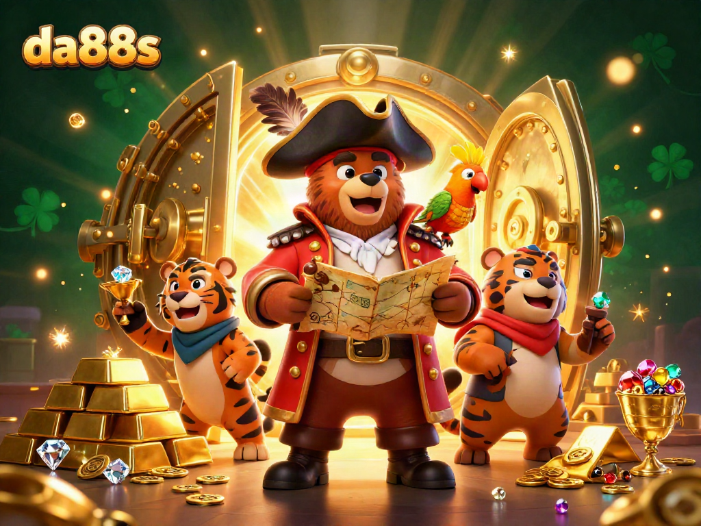 Engage in thrilling adventures at da88s with cartoon pirate captain bear and fierce tiger in a vibrant casino scene.