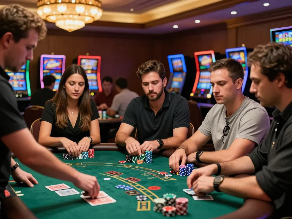 Players engage in a strategic game of blackjack at a vibrant B52 casino table, focusing intensely on their cards and bets.