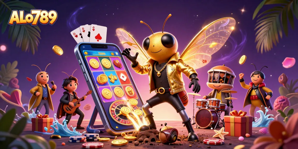 Engage in thrilling gameplay at ALo789 with a vibrant 3D rock star scene featuring casino elements.