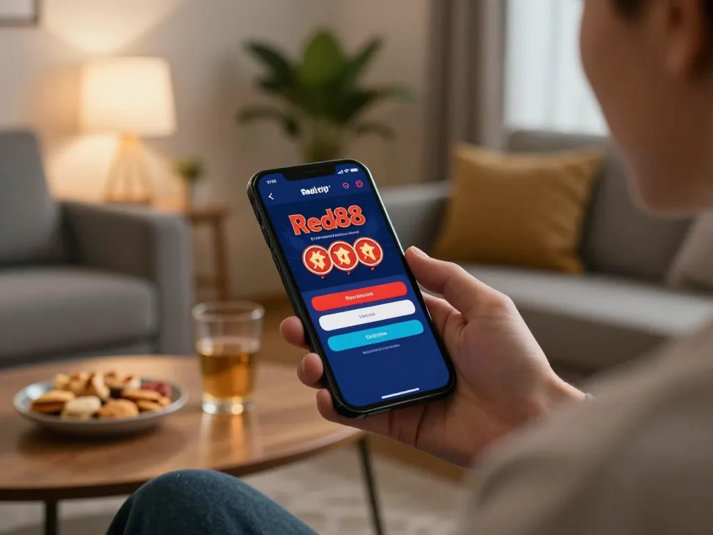 Engage with the Login Red88 interface on a smartphone in a cozy home environment.