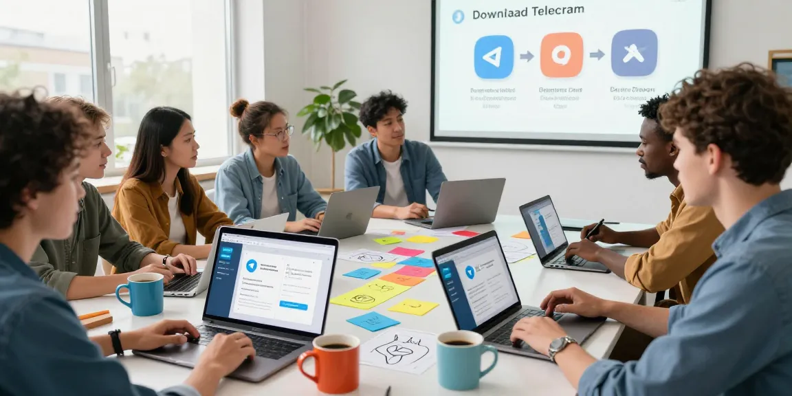 Download Telegram app showcased in a collaborative tech workspace with diverse team discussing features of the software.