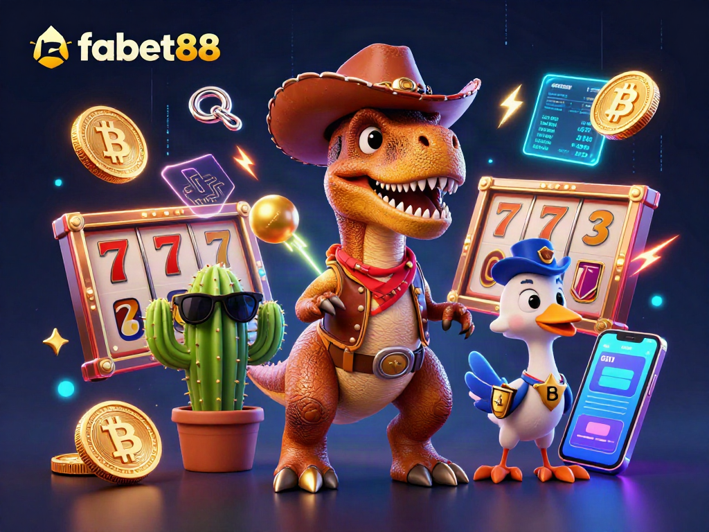 Engage with fabet88's thrilling slot experience featuring a cowboy T-Rex, lucky 7s, and neon crypto coins.