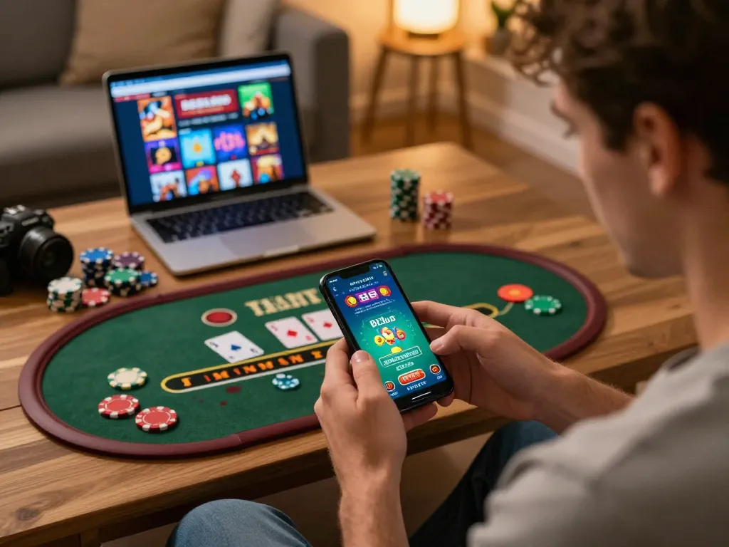 b52club player enjoying online blackjack on smartphone in cozy home setting