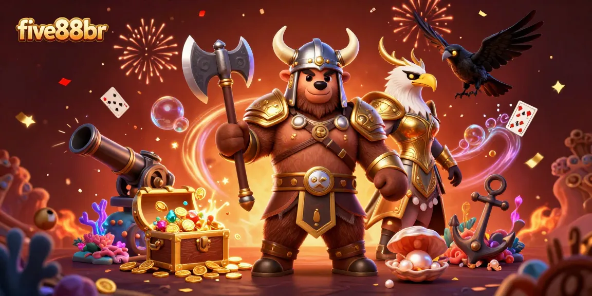 Experience thrilling action at five88br with Viking and eagle characters surrounded by vibrant casino treasures.