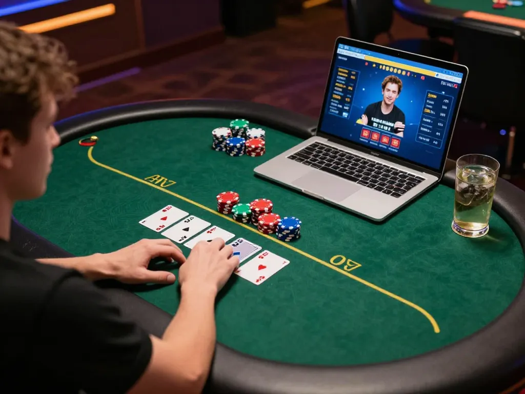 Online player enjoying w 88 poker game at home with vibrant atmosphere and strategic materials.
