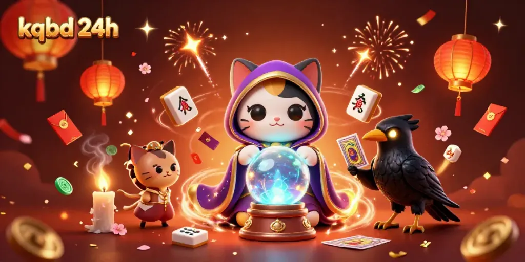 Engage with kqbd 24h through a vibrant illustration of a mystical fortune teller cat and tarot raven.