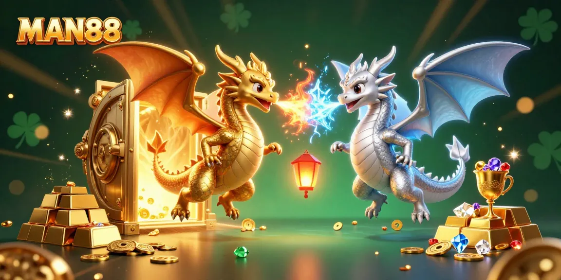 Engage in thrilling gaming at MAN88 with dynamic dragon imagery and treasure elements.