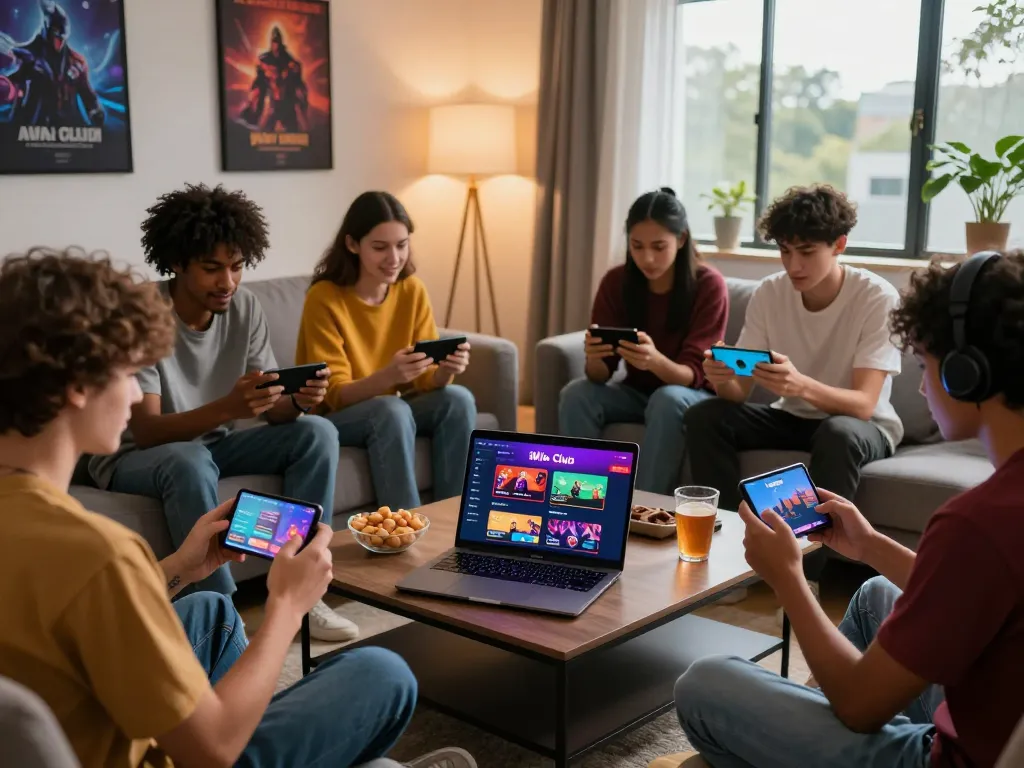 Friends enjoying fun gaming with iWin app on mobile devices in a cozy living room setting.