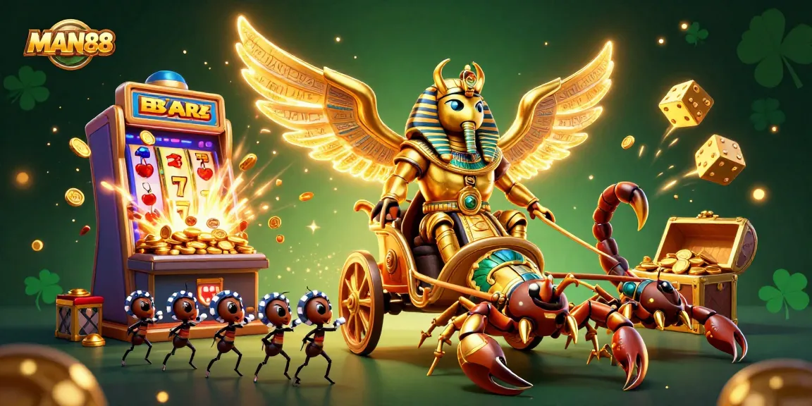 Experience MAN88's exciting world with a 3D casino scene full of vibrant characters and dazzling game elements.