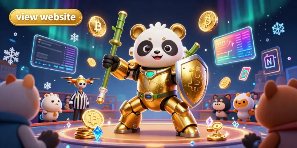 Play and view website with a golden panda in a mech-suit at a vibrant online casino arena