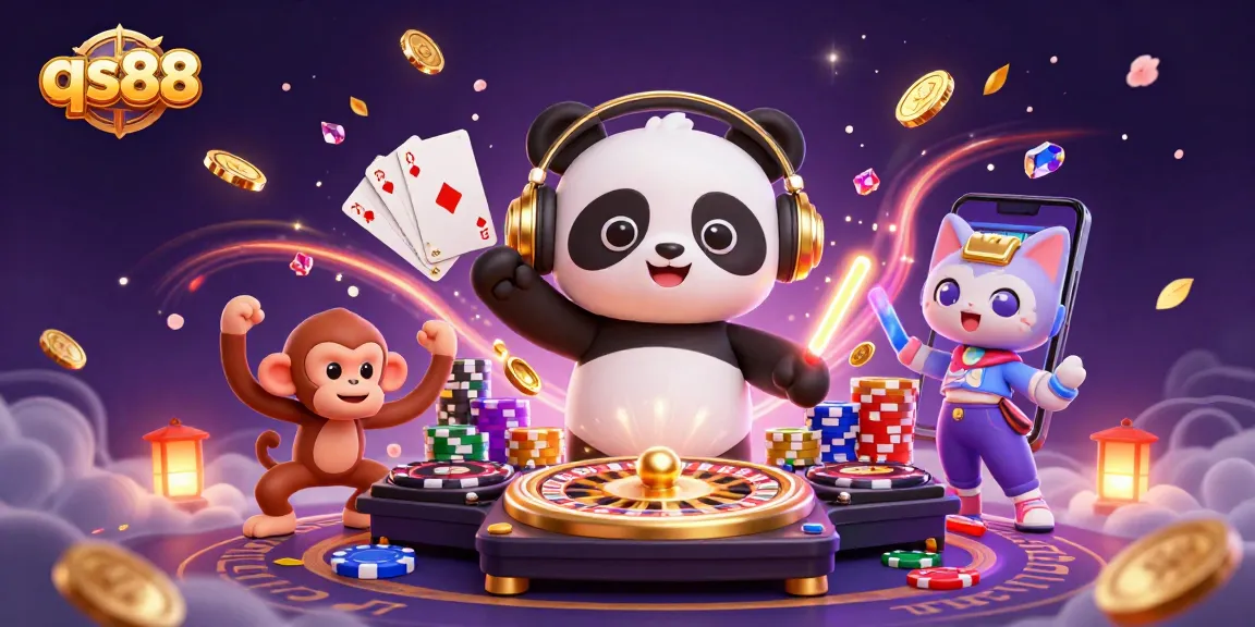 Join the fun at qs88 with a colorful 3D casino illustration featuring a DJ panda and more!