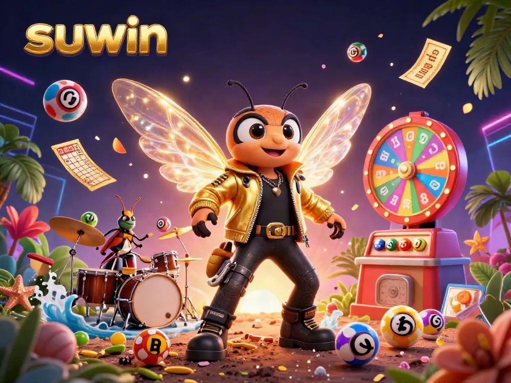 Suwin showcases an exciting lottery scene with dynamic game elements like colorful balls and a spinning prize wheel.
